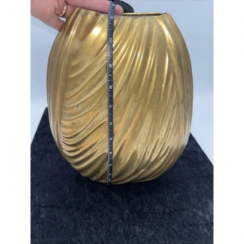 Large Solid Brass Vase Made In India Vintage Modern Gold Vessel Waves Patina
